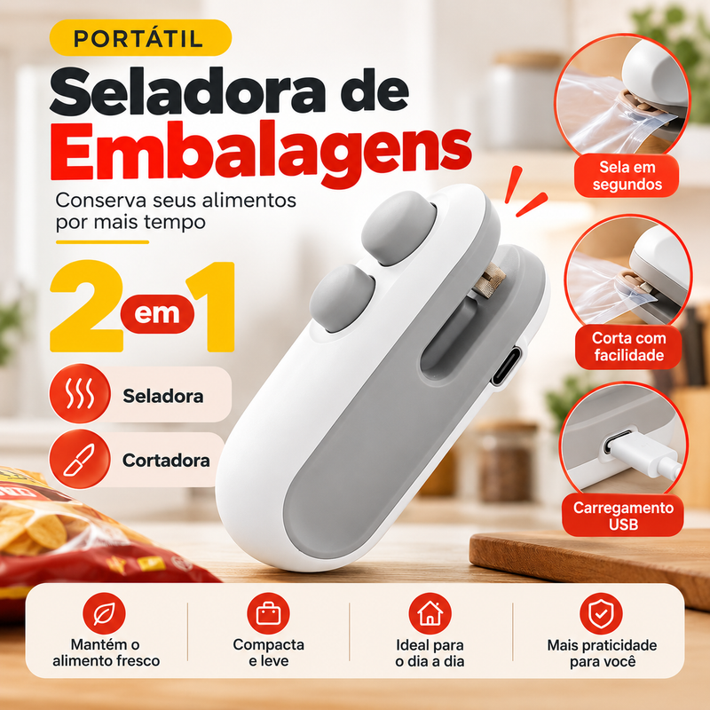 SelaPro 2 em 1 — Mini Seladora e Cortador Portátil USB